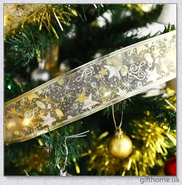 Christmas Ribbon Fairy Lights with warm LED lights, available in gold and silver colours, create a magical holiday ambiance