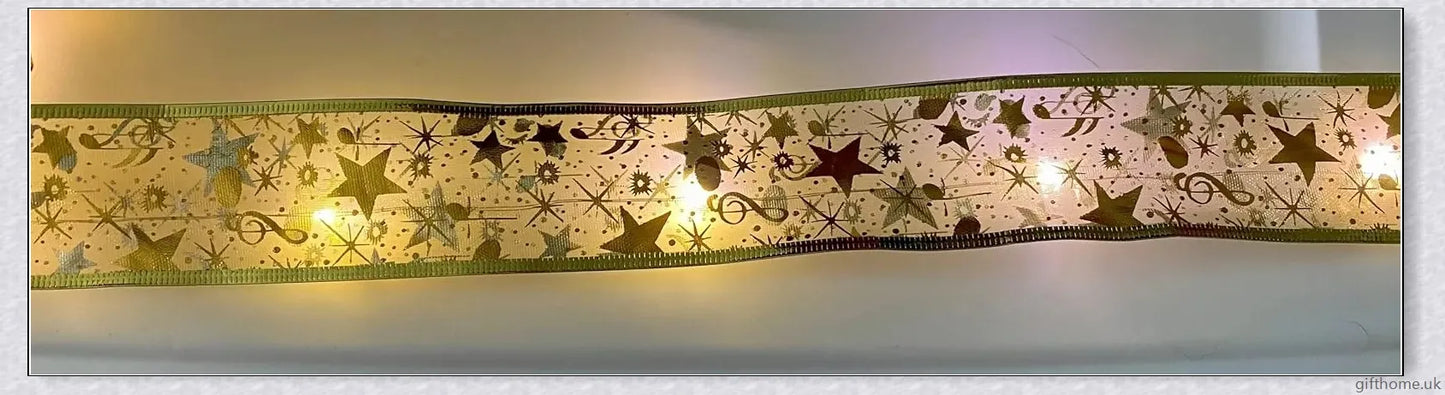 Christmas Ribbon Fairy Lights with warm LED lights, available in gold and silver colours, create a magical holiday ambiance