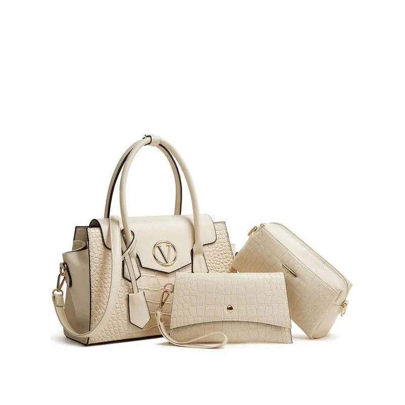 Elegant alligator pattern tote and crossbody bag set with clutch in black, brown, and navy colours