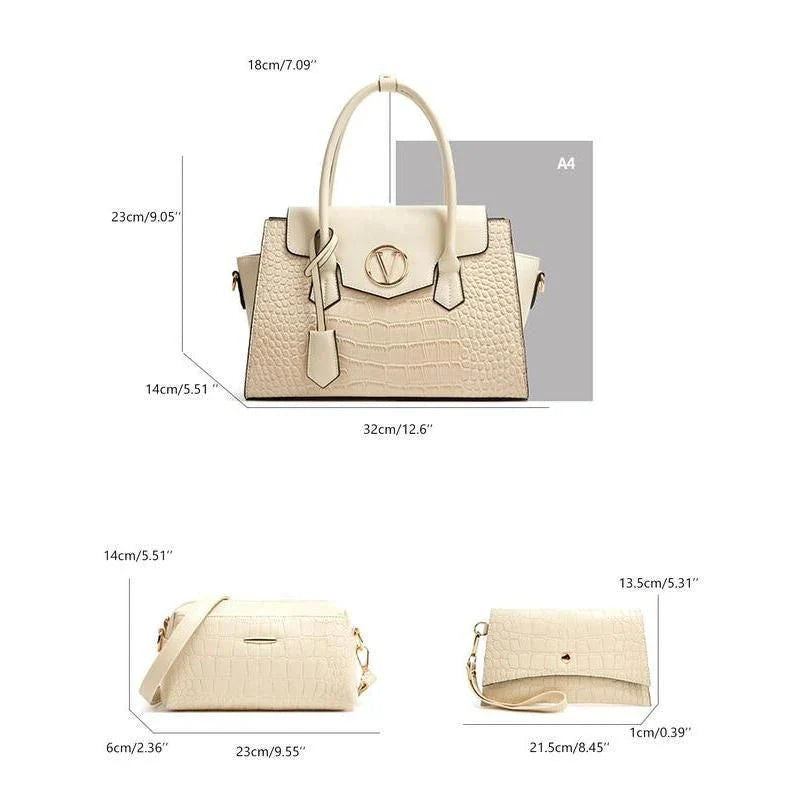 Elegant alligator pattern tote and crossbody bag set with clutch in black, brown, and navy colours