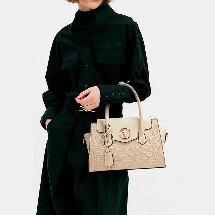 Elegant alligator pattern tote and crossbody bag set with clutch in black, brown, and navy colours