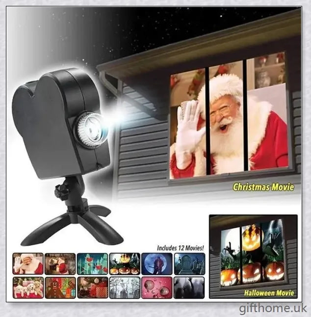 A black Christmas holographic projector displaying festive holiday scenes and spooky Halloween movies