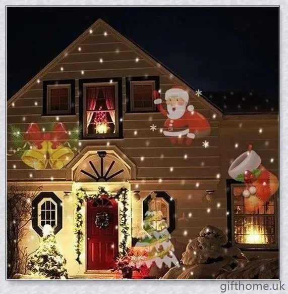 A black Christmas holographic projector displaying festive holiday scenes and spooky Halloween movies