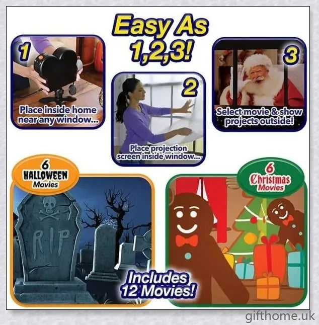 A black Christmas holographic projector displaying festive holiday scenes and spooky Halloween movies