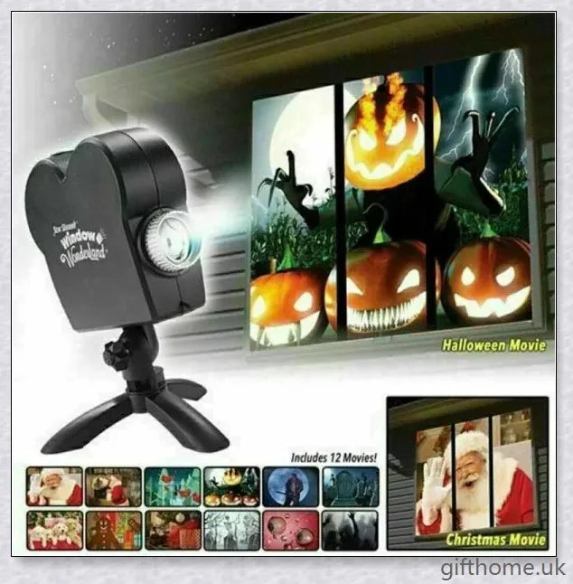 A black Christmas holographic projector displaying festive holiday scenes and spooky Halloween movies