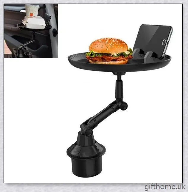 A versatile car tray with 360-degree rotating design, drink holder, and platform for food or mobile devices