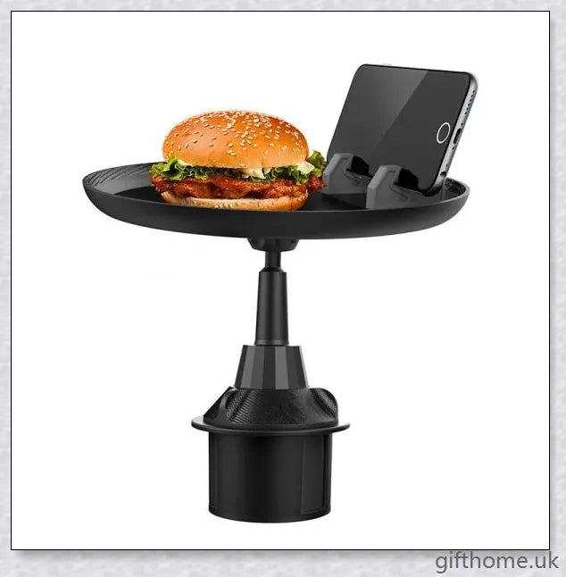 A versatile car tray with 360-degree rotating design, drink holder, and platform for food or mobile devices