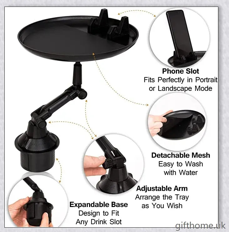 GiftHome UK Car Cup Holder Tray Table Drink Food Stand Tray With Phone Holder For Eating