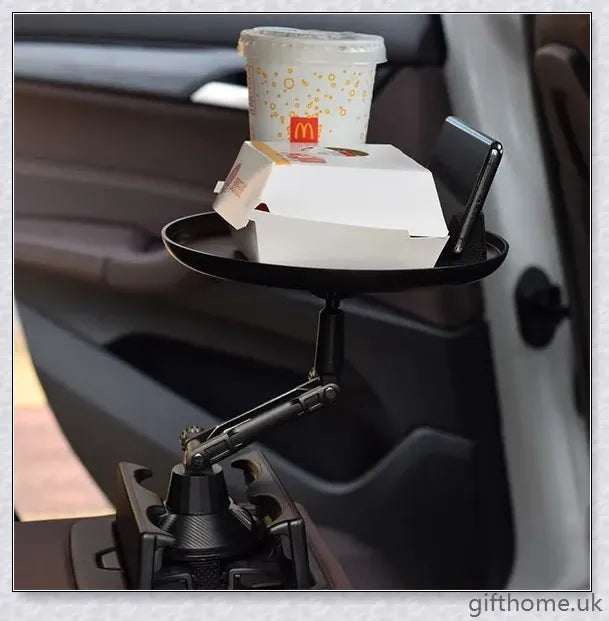 A versatile car tray with 360-degree rotating design, drink holder, and platform for food or mobile devices