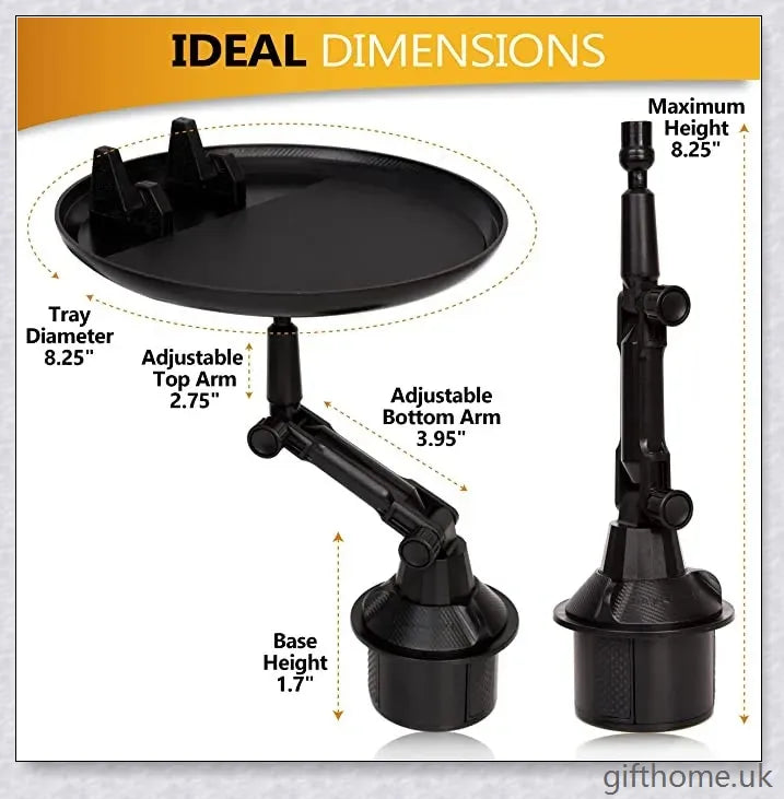A versatile car tray with 360-degree rotating design, drink holder, and platform for food or mobile devices