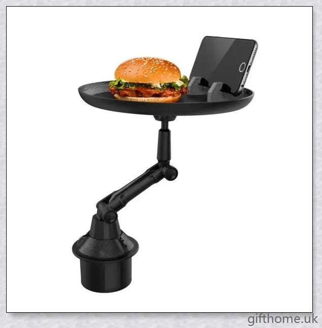 A versatile car tray with 360-degree rotating design, drink holder, and platform for food or mobile devices