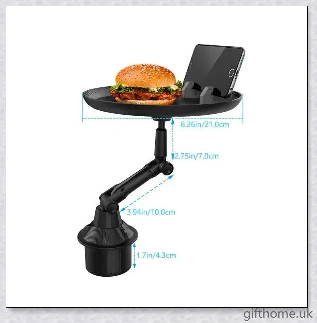A versatile car tray with 360-degree rotating design, drink holder, and platform for food or mobile devices