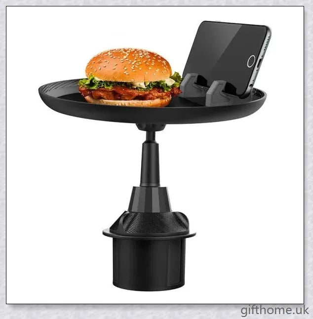 A versatile car tray with 360-degree rotating design, drink holder, and platform for food or mobile devices