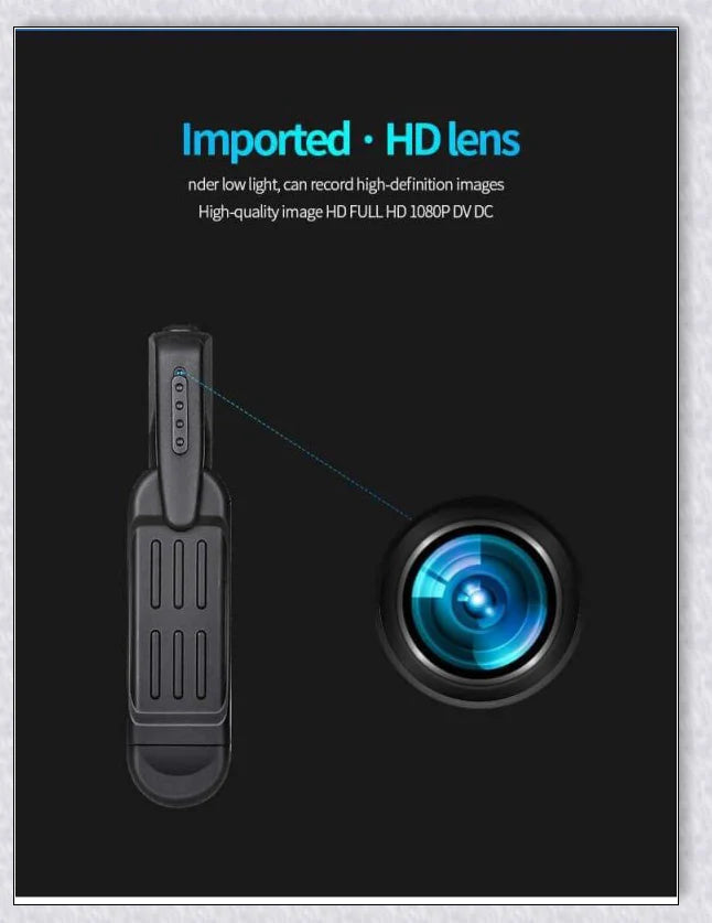 A compact, wearable body camera with a clip for hands-free recording of 1080P video footage
