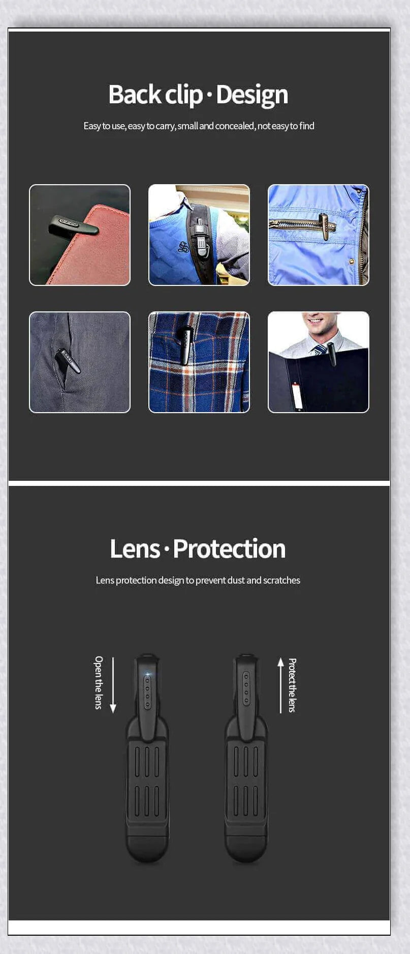 A compact, wearable body camera with a clip for hands-free recording of 1080P video footage
