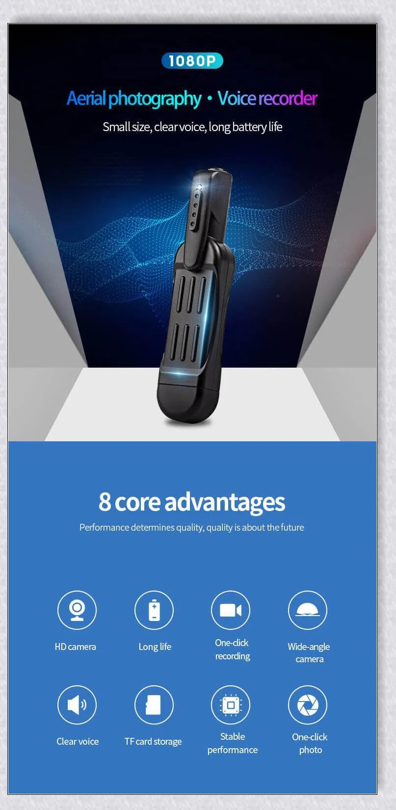 A compact, wearable body camera with a clip for hands-free recording of 1080P video footage