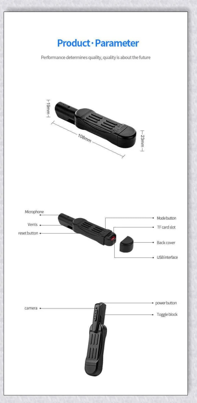 A compact, wearable body camera with a clip for hands-free recording of 1080P video footage