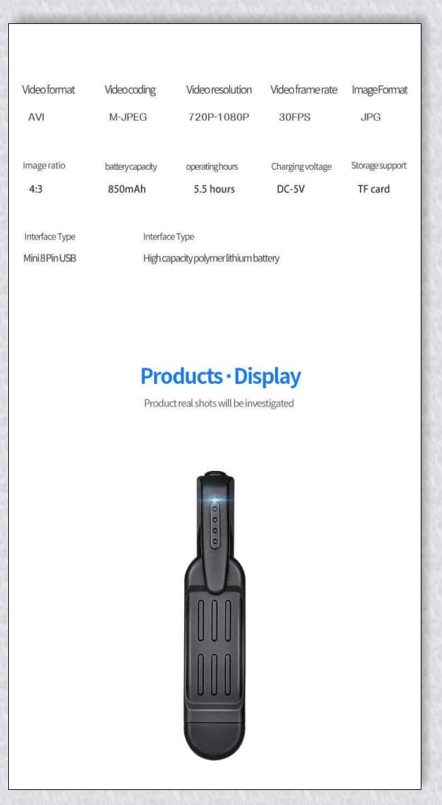 A compact, wearable body camera with a clip for hands-free recording of 1080P video footage
