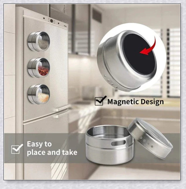 Magnetic spice jars with stainless steel canisters, BPA-free lids, and a magnetic rack for easy storage and organization in the kitchen.