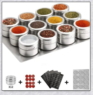 Magnetic spice jars with stainless steel canisters, BPA-free lids, and a magnetic rack for easy storage and organization in the kitchen.