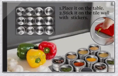 Magnetic spice jars with stainless steel canisters, BPA-free lids, and a magnetic rack for easy storage and organization in the kitchen.