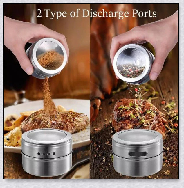 Magnetic spice jars with stainless steel canisters, BPA-free lids, and a magnetic rack for easy storage and organization in the kitchen.