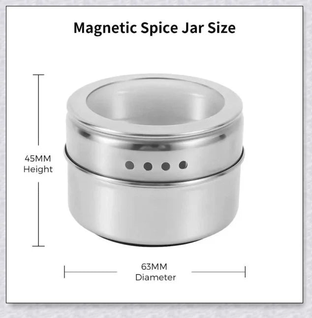 Magnetic spice jars with stainless steel canisters, BPA-free lids, and a magnetic rack for easy storage and organization in the kitchen.