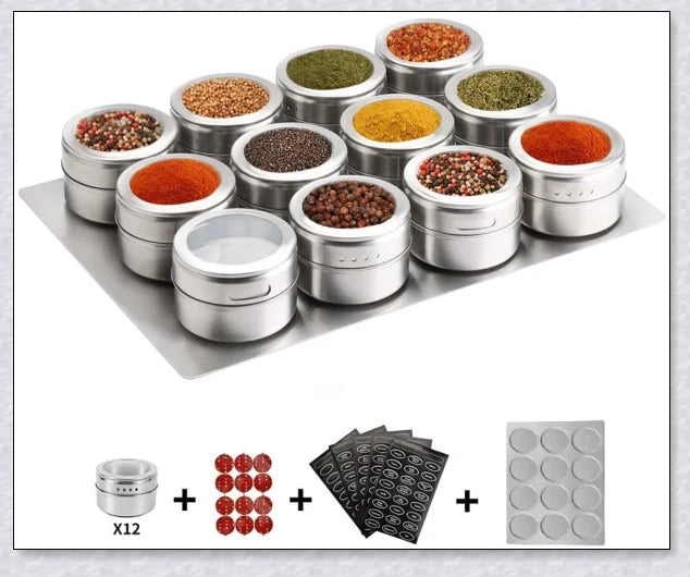 Magnetic spice jars with stainless steel canisters, BPA-free lids, and a magnetic rack for easy storage and organization in the kitchen.