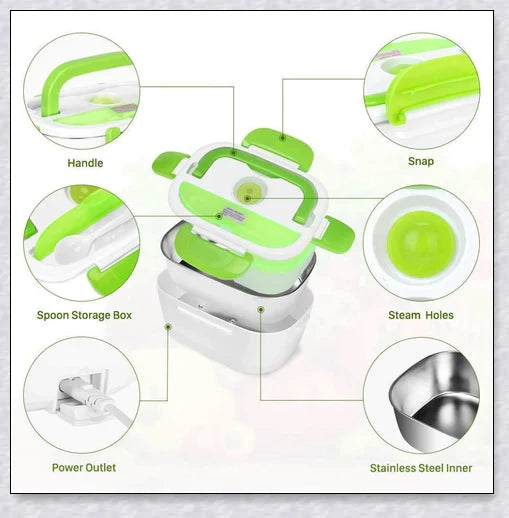 Portable Heated Electric Lunch Box in various colours - green, blue, orange, and pink