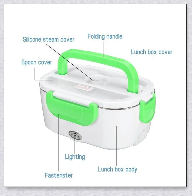 Portable Heated Electric Lunch Box in various colours - green, blue, orange, and pink