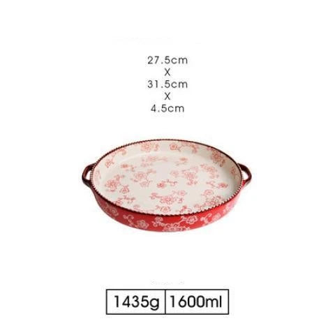 Beautifully hand-painted ceramic baking sheet with a charming cherry blossom design, perfect for even baking and elegant serving.