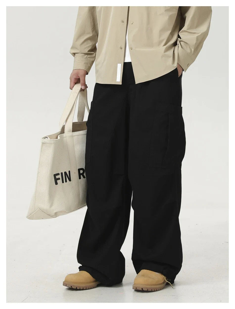 Stylish men's drawstring baggy straight trousers in black and milky white colours