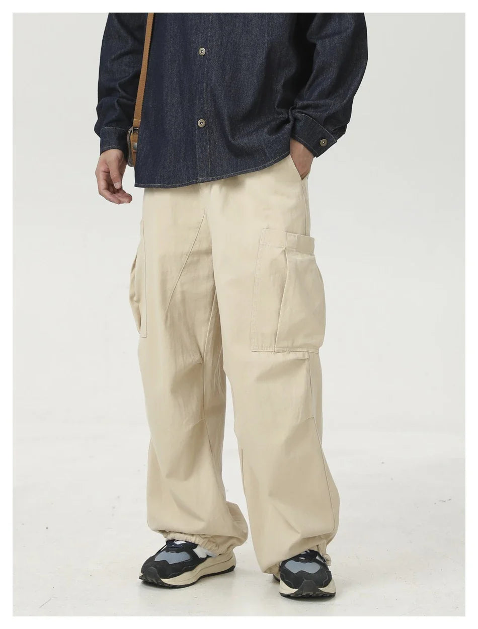 Stylish men's drawstring baggy straight trousers in black and milky white colours