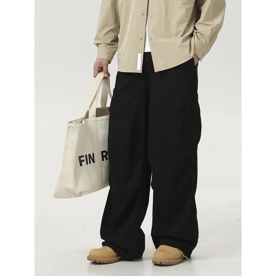 Stylish men's drawstring baggy straight trousers in black and milky white colours