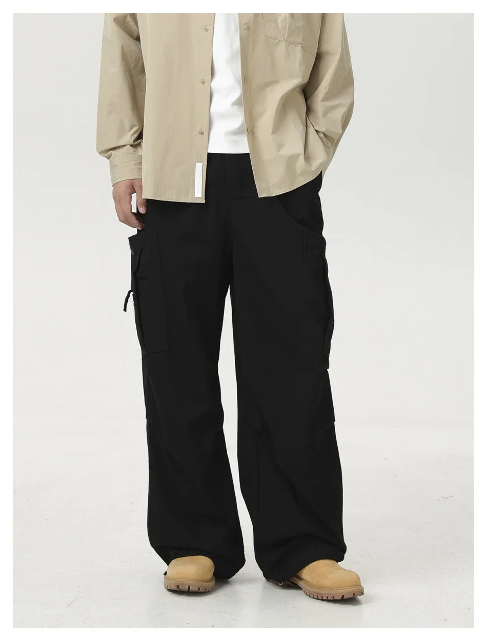 Stylish men's drawstring baggy straight trousers in black and milky white colours