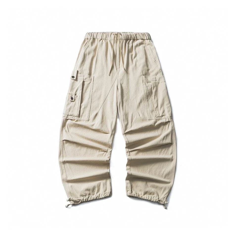 Stylish men's drawstring baggy straight trousers in black and milky white colours