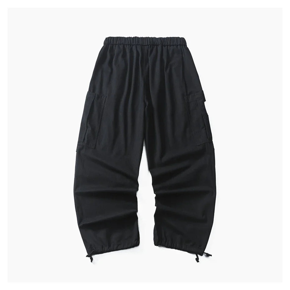 Stylish men's drawstring baggy straight trousers in black and milky white colours