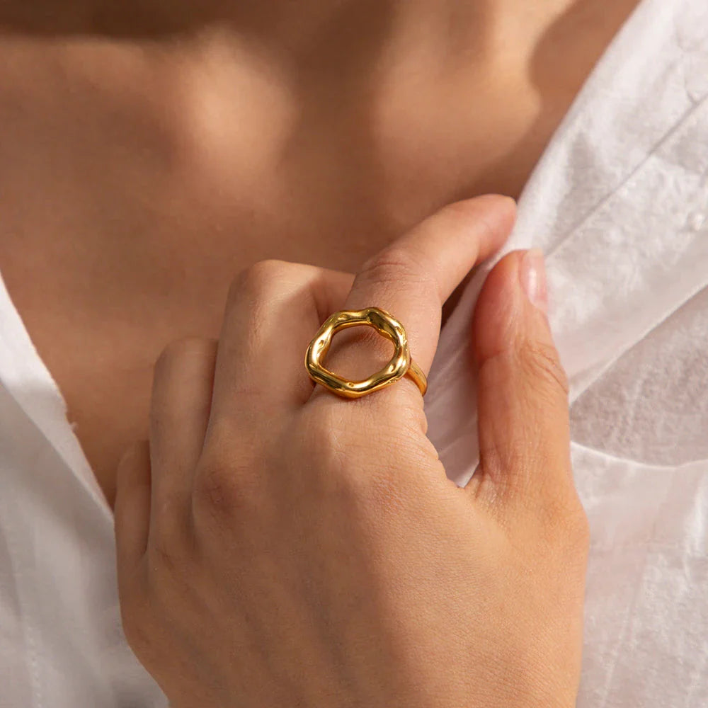 18K gold plated stainless steel geometric ring with an exaggerated irregular shape, a unique and bold accessory for fashion-forward women