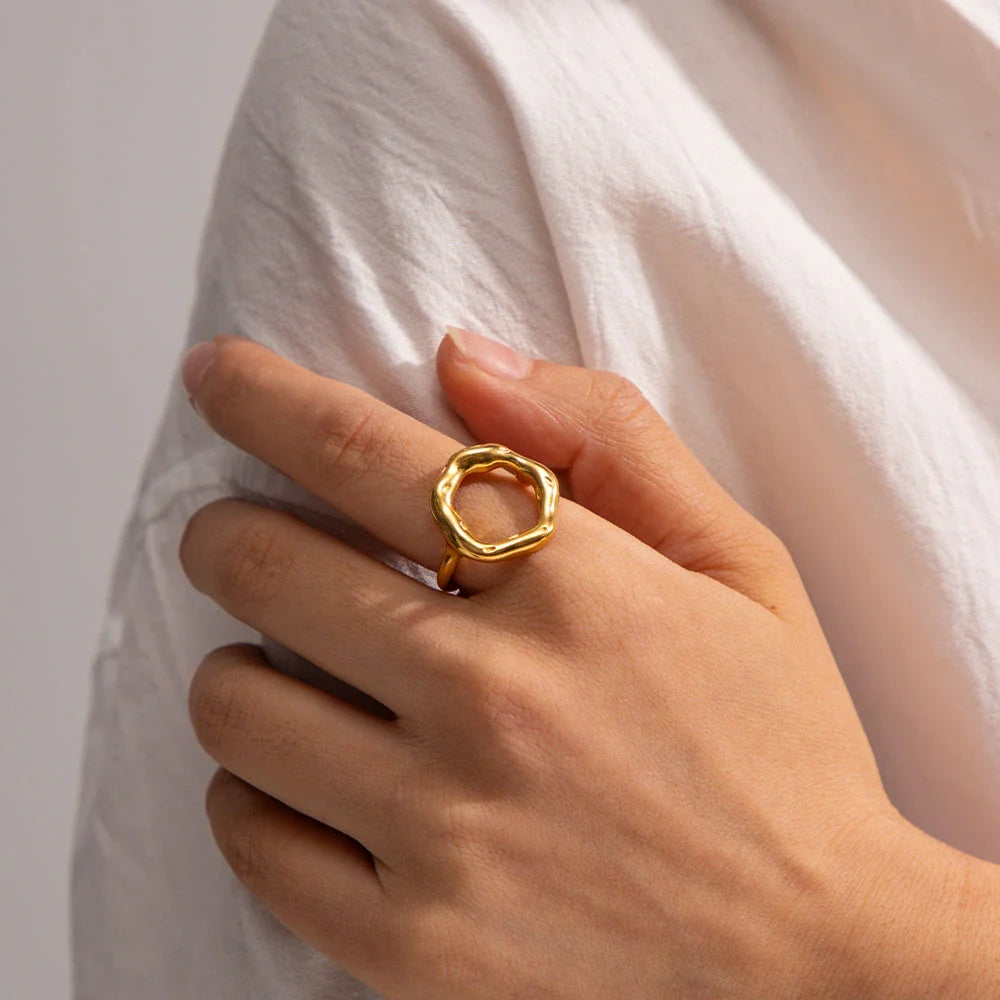 18K gold plated stainless steel geometric ring with an exaggerated irregular shape, a unique and bold accessory for fashion-forward women