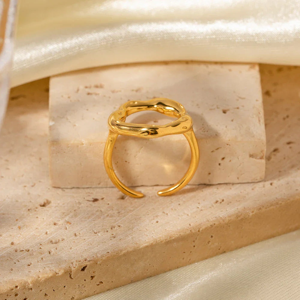18K gold plated stainless steel geometric ring with an exaggerated irregular shape, a unique and bold accessory for fashion-forward women