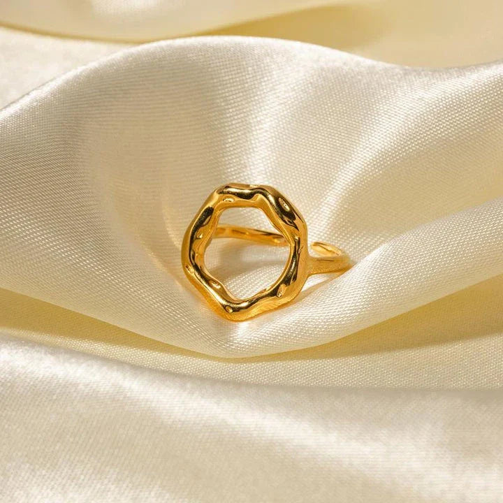 18K gold plated stainless steel geometric ring with an exaggerated irregular shape, a unique and bold accessory for fashion-forward women