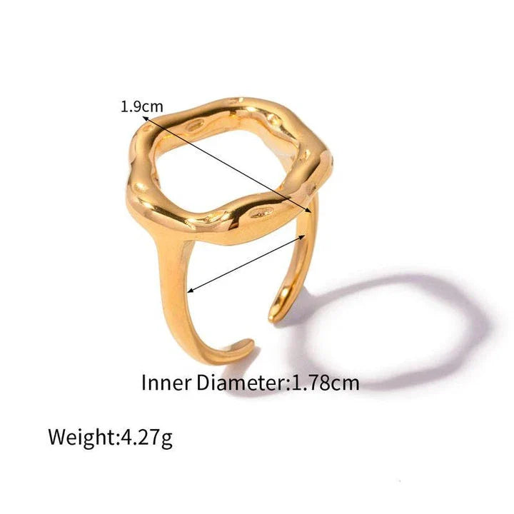 18K gold plated stainless steel geometric ring with an exaggerated irregular shape, a unique and bold accessory for fashion-forward women