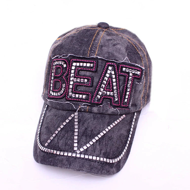 Stylish Korean denim baseball cap with sparkling rhinestones for spring fashion