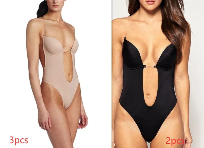 Versatile Backless Body Shaper Bra in beige, black, and white colors, featuring adjustable straps and compression panels for a customized fit