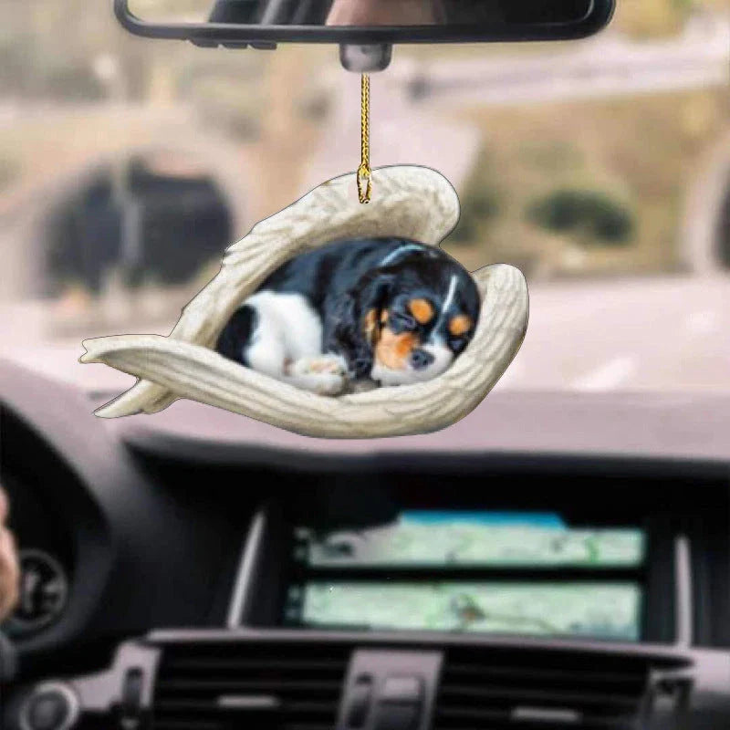 Charming sleeping dog angel acrylic car pendant decoration with a whimsical design