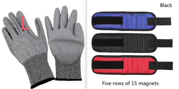 A 15-slot magnetic wristband made of durable nylon with powerful embedded magnets for organising and holding small tools and fasteners.