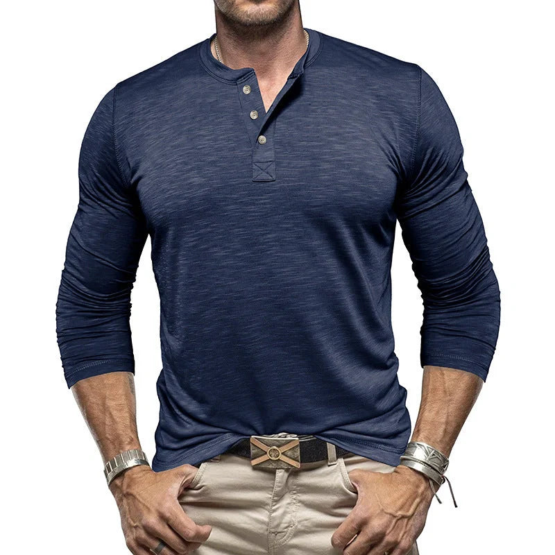 Men's Long-sleeved Henry Collar T-shirt in slub cotton, available in multiple colours