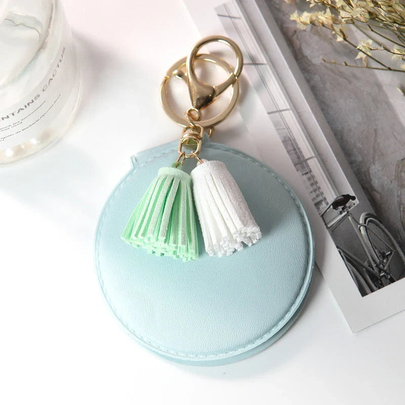 Mini round PU leather small mirror with lovely tassel in various colours