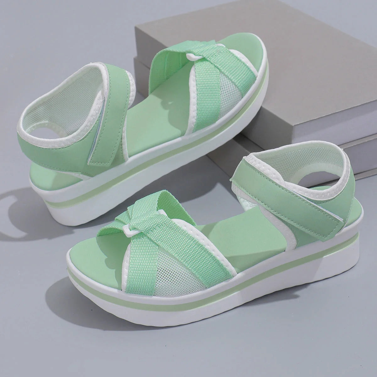 Stylish mesh cross-strap beach sandals with Velcro closure and thick, non-slip sole