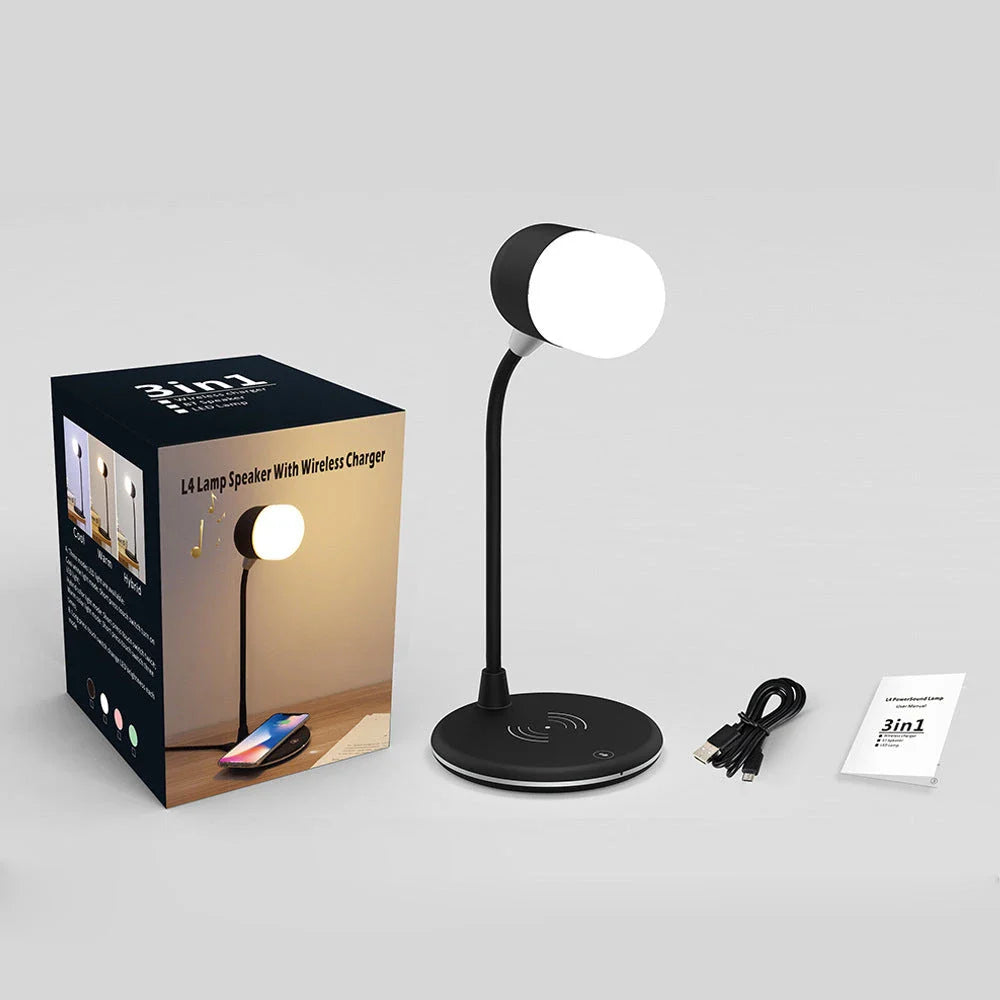 Versatile 3-in-1 desk lamp with wireless charging, Bluetooth speaker, and adjustable brightness controls